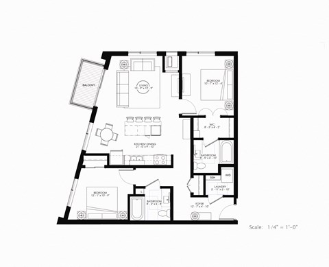 Floor plan for 2 beds, 2 baths, 1088 sqft